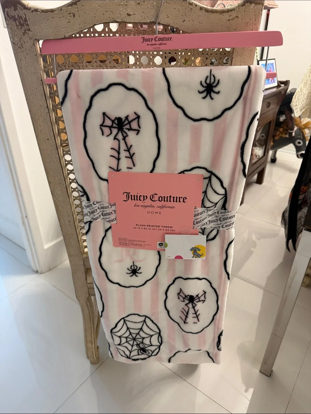 Juicy Couture Halloween Pink /White & Black Spider Webs & Stripes Throw Blanket